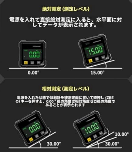 デジタル水平器 デジタル角度計 4面強力磁気付き 高精度傾斜計 大型LCDディスプレイ 防水防塵 小型軽量 充電式 磁気デジタル角度計 水準器 木工/建設/金属加工用