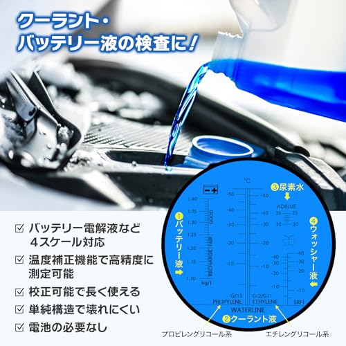 FieldNew クーラントテスター【バッテリー比重計/冷却水用】 日本ブランド 日本語説明書・校正液付き 180日保証 国内品質検査済 温度自動補正 電池不要 自動車整備 屈折計 ウォッシャー液 アドブルー 尿素水 (クーラントテスター)